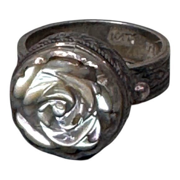 Vintage 925 Silver Rose Ring Carved Mother Of Pearl Cabochon Size 7 Art Deco - Picture 3 of 10